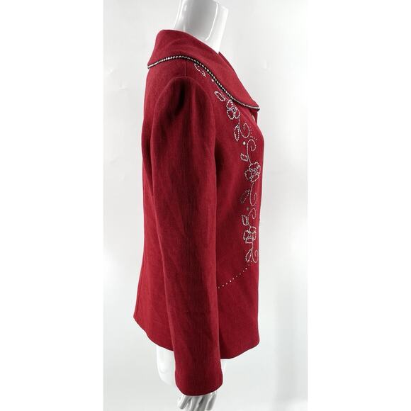 Liorah Knit Sweater Jacket Size 14 Red Wool Blend Rhinestone Silver Embellished - Picture 2 of 4